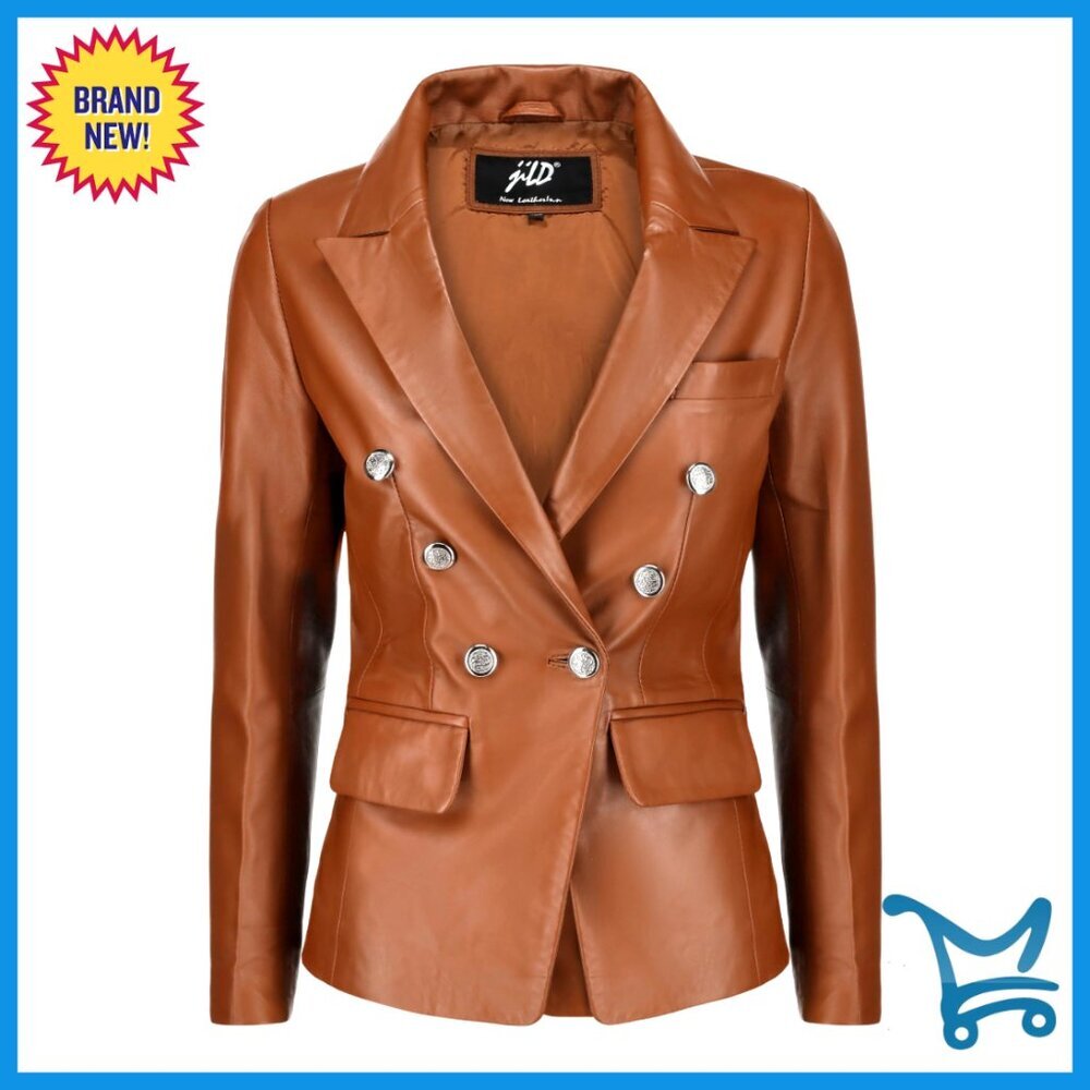 Double Breasted Lambskin Leather Blazer with Fancy Buttons, Long Sleeve
